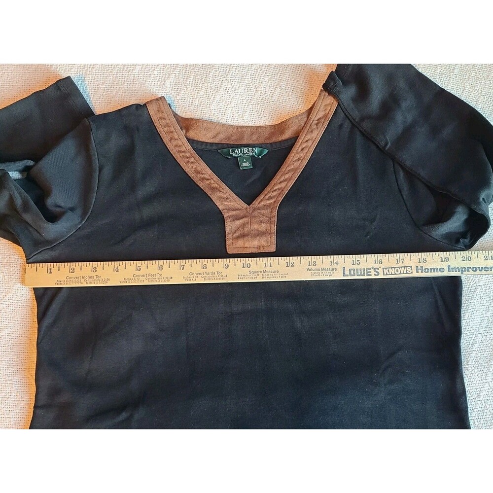 Lauren Ralph Lauren Womens L Tunic V-Neck Black Faux Suede Brown Trim Academia - Picture 11 of 13